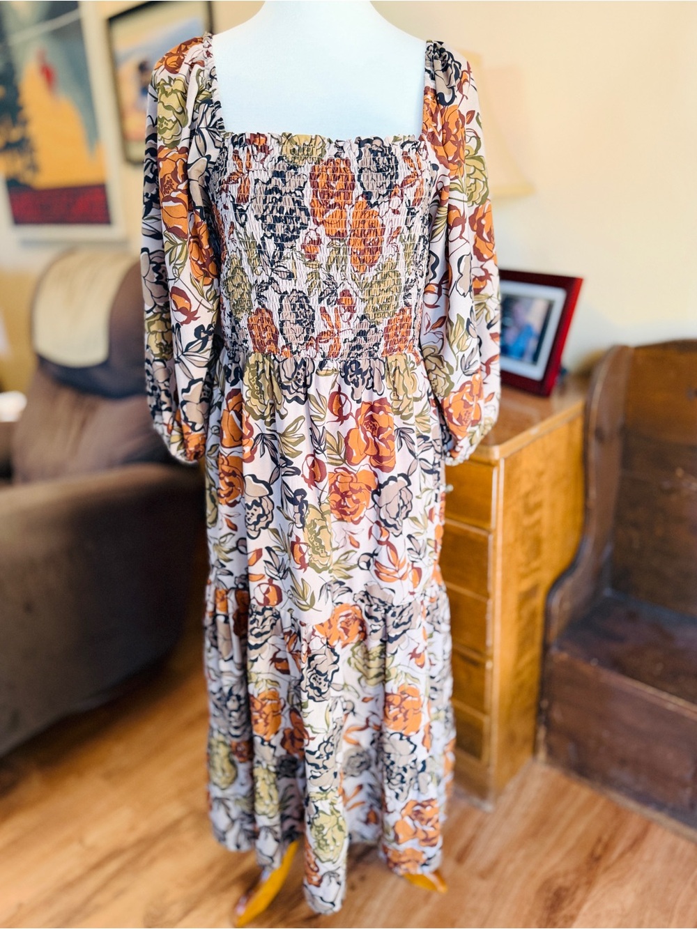 NEW Floral Smocked Square-Neck Midi Dress in Cream, Black and Rust
